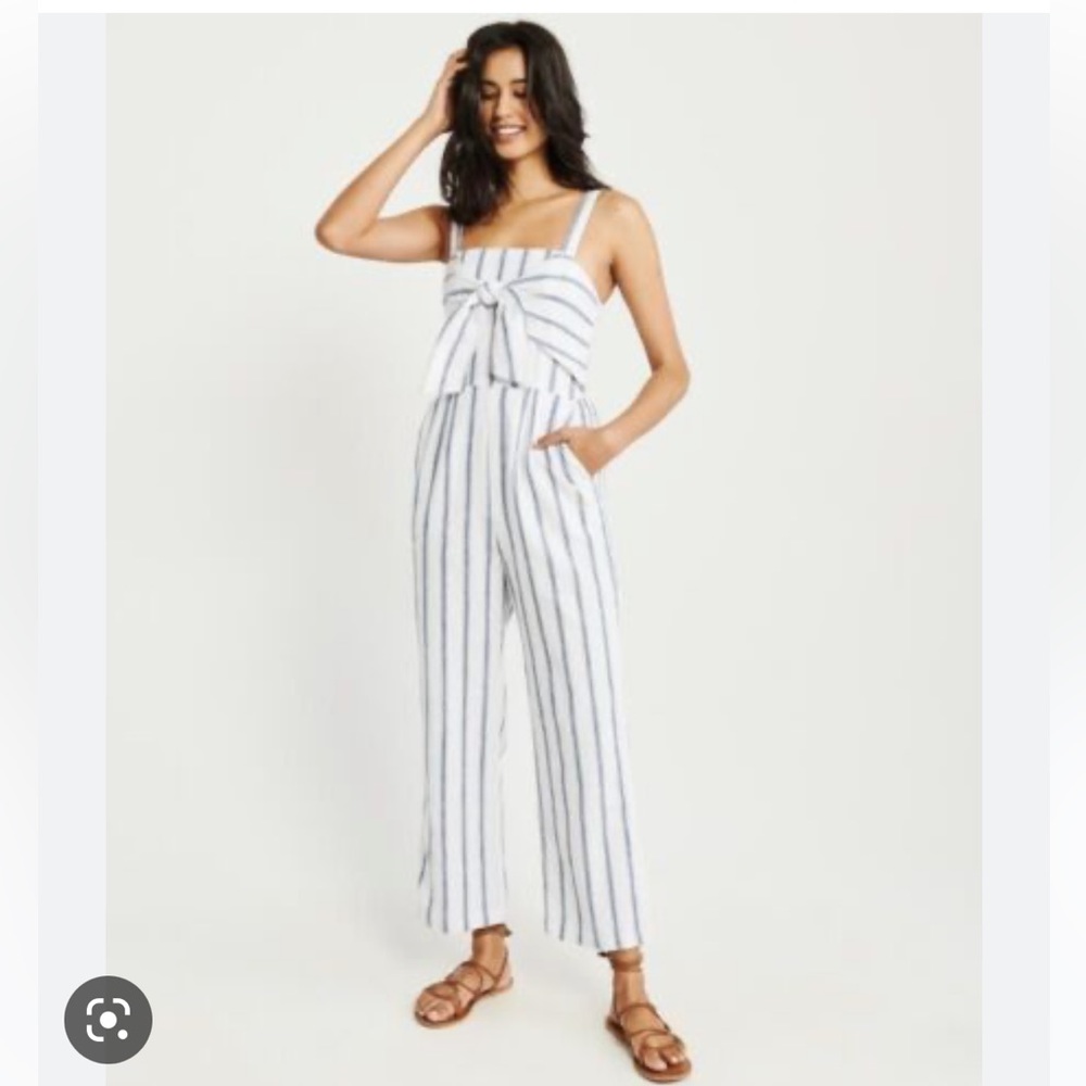 Abercrombie & Fitch blue and white Striped Tie-Front Linen Blend Jumpsuit XS